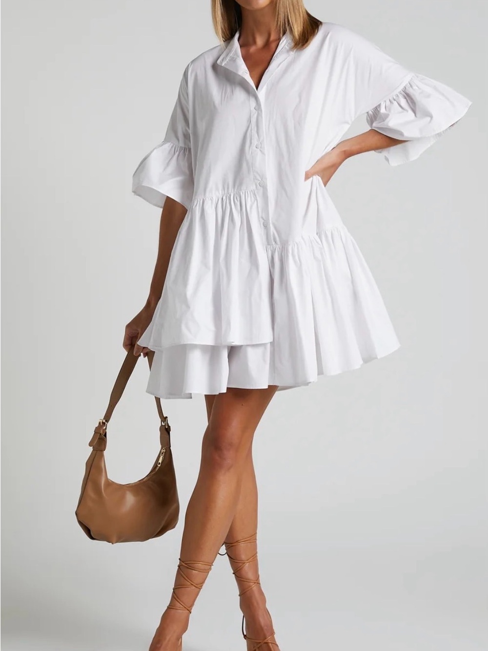 White Asymmetrical Tiered Short Shirt Dress - Women's Summer Dress